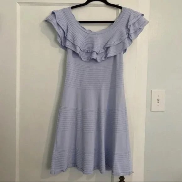 Knit Light Blue Off the Shoulder Fit & Flare Dress - Picture 6 of 8
